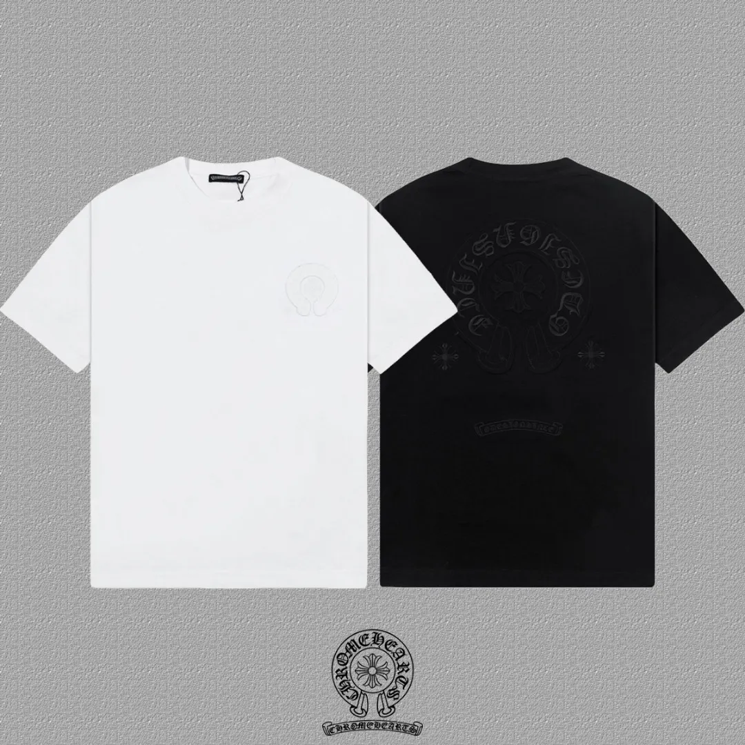 🅿️200 [CH Crow Heart] 2025FW short-sleeved T-shirt, patch embroidery, high-end 26s double yarn 300g fabric, heavy fabric, custom stretcher rib, same cylinder and dye, complete three standards, same style for men and women, color: black, white, size: S M L XL 2XL